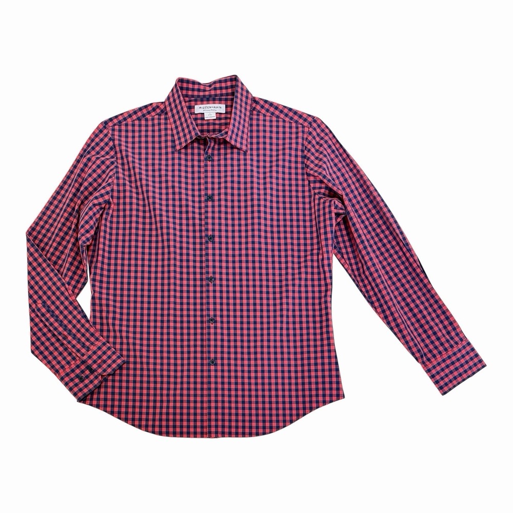 Mizzen + Main Men's Leeward Shirt No Tuck Red Navy Checked Shirt Trim Fit Large